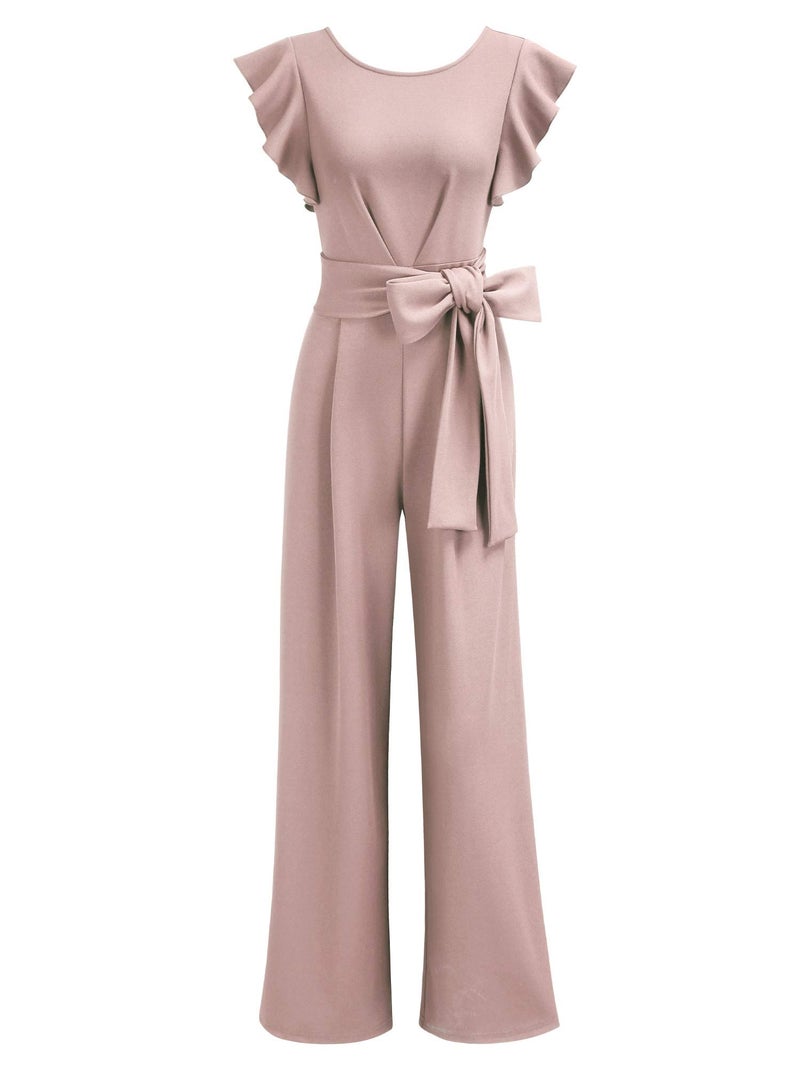 Knitee Women's Vintage Sleeveless Ruffle High Waist Wide Leg Romper Formal Long Jumpsuit with Belt (Pink, Medium, m) - Image 5
